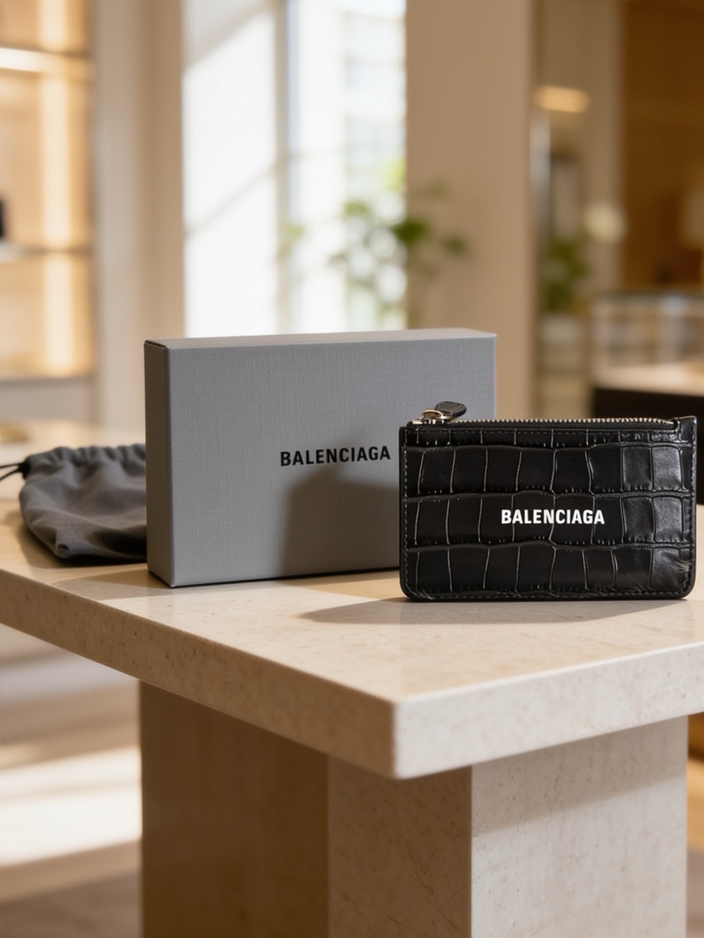 Balenciaga Black Croc-Embossed Leather Zip Card Pouch